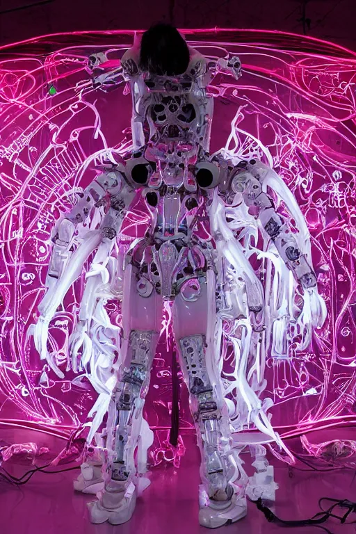 Image similar to full-body baroque and bladerunner style pink neon statue of a beautiful pale mech robot goddess humanoid dancing sim roupa, glowing white face, street hoody of red steampunk lasers, emeralds, swirling silver silk fabric. futuristic elements. prismatic liquid rainbow light, full-length view. space robots. human skulls. throne made of bones, intricate artwork by caravaggio. Trending on artstation, octane render, cinematic lighting from the right, hyper realism, octane render, 8k, depth of field, 3D