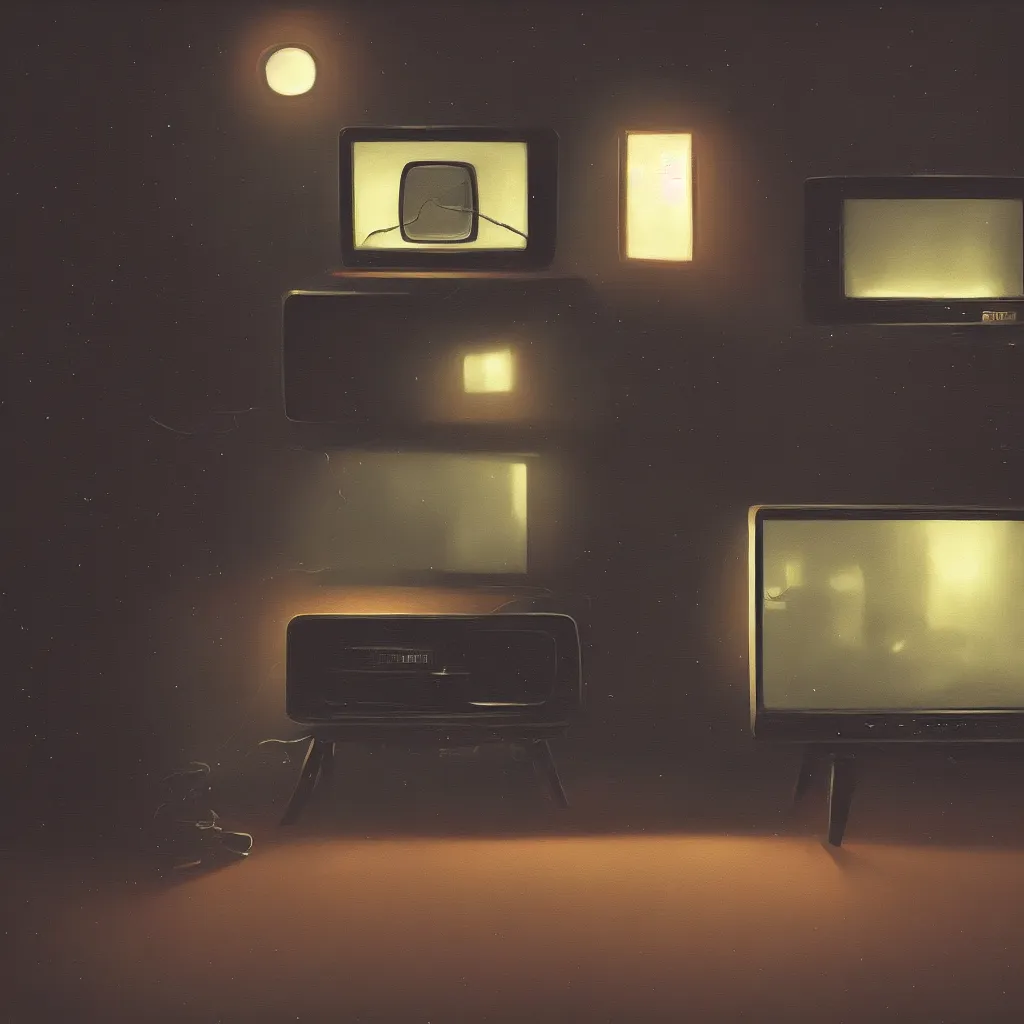 Image similar to a dark black room by night, one glowing vintage tv is standing on the floor, the door is nearly closed and thus shines light in a painting from stalenhag, 4 k, 8 k, hdr, artstation, concept art