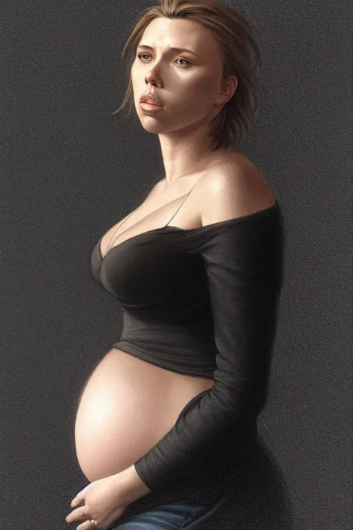 Image similar to pregnant scarlet johansson in a black shirt and jeans, realistic portrait, symmetrical, highly detailed, digital painting, artstation, concept art, smooth, sharp focus, illustration, cinematic lighting, art by artgerm and greg rutkowski and alphonse mucha