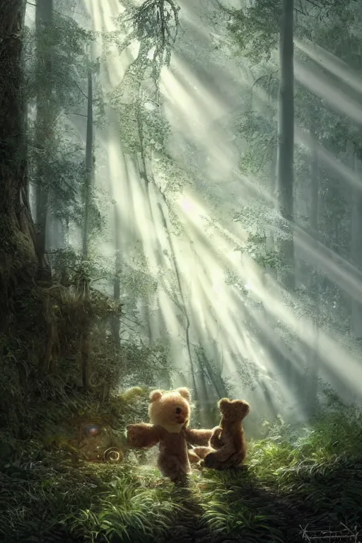 Image similar to mean fluffy teddybear protecting girl in a forest with rays of light coming through the canopy, masterpiece, dystopian, sci-fi, extremely detailed, digital painting, sculpted in zbrush, artstation, concept art, smooth, sharp focus, illustration, chiaroscuro lighting, golden ratio, incredible art, artgerm, greg rutkowski, alphonse mucha, simon stalenhag, carravaggio