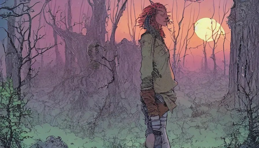 Image similar to ligne claire art of a druid in postapocalyptic city intertwined with nature in the open space, street - level view, by moebius, bright colors, eisner award - winning spread