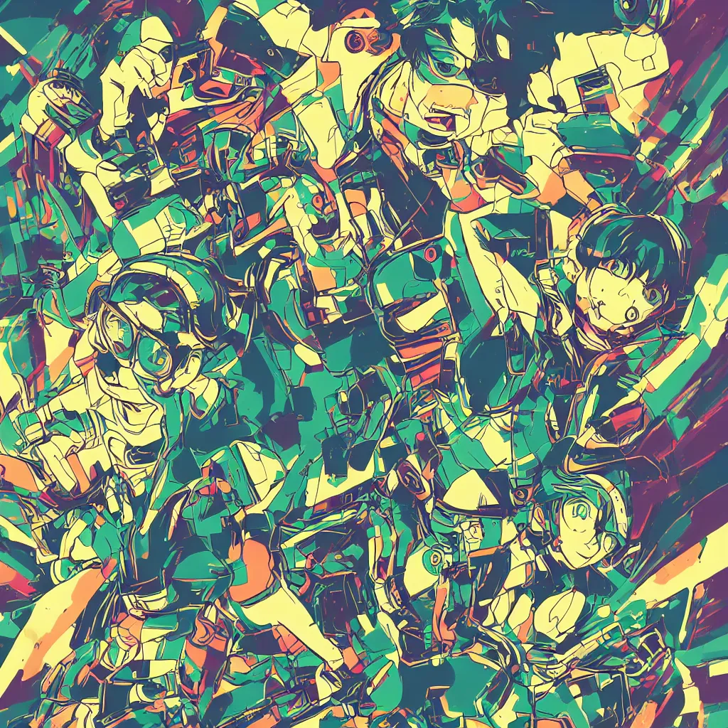 Image similar to in love ryuta ueda artwork, jet set radio artwork, stripes, gloom, space, cel - shaded art style, broken rainbow, data, minimal, speakers, code, cybernetic, dark, eerie, cyber