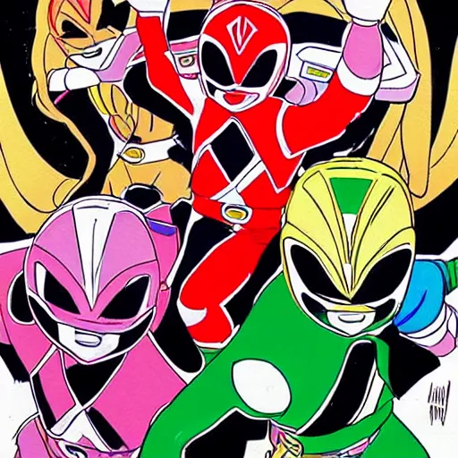 Prompt: Mighty Morphin Power Rangers as illustrated by Naoko Takeuchi. 1993.