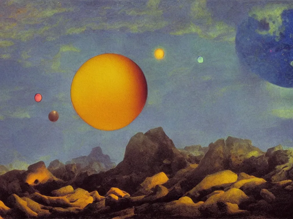 Image similar to phosphorescent, iridescent, psychedelic, marbled sphere floating in row to infinity above the hell pit mines. painting by caspar david friedrich, agnes pelton, max ernst, bosch.