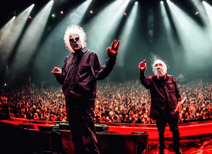 Image similar to publicity photo still of larry david touring with slipknot live on stage, 8 k, live concert lighting, mid shot