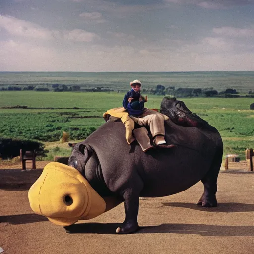 Image similar to a 3 5 mm photography, kodachrome colour, of grandpa with michelin man costume riding a hippo with strange creatures and alien plants inspired by bosch but in the real life, photos taken by martin parr