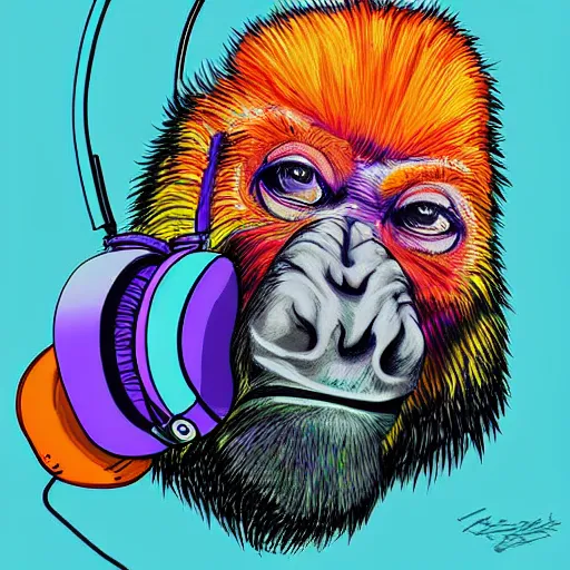 Prompt: ape wearing headphones, colorful, digital art,