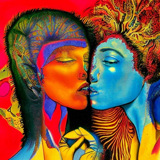 Prompt: beautiful painting of two bizarre psychedelic women kissing each other closeup in an aquarium in spain, speculative evolution, mixed media collage by basquiat and alex grey, magazine collage art, sapphic art, lesbian art