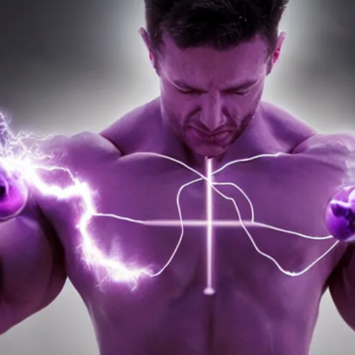 Prompt: a muscular man made of purple energy, wielding two orbs in his hands that are able to manipulate the force of electromagnetism in order to cause chemical changes inside of the orbs.