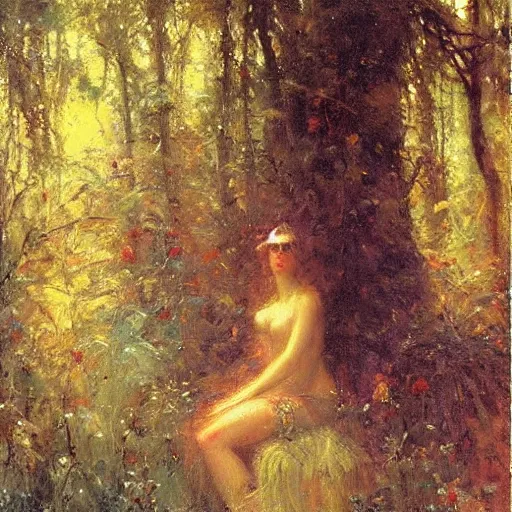Prompt: humanoid and in a forest, art by gaston bussiere
