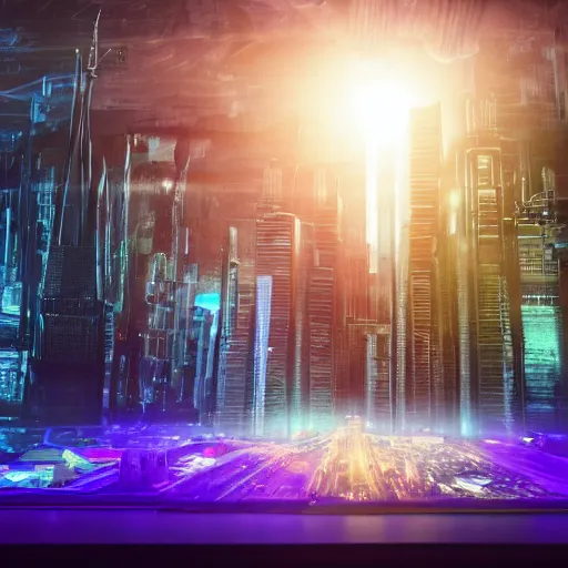 Image similar to large group of people, looking at hologram of futuristic city on a table, cinematic concept art, warehouse interior, godrays, golden hour, 4 k, clear details, tabletop model buildings, tabletop model, hologram center