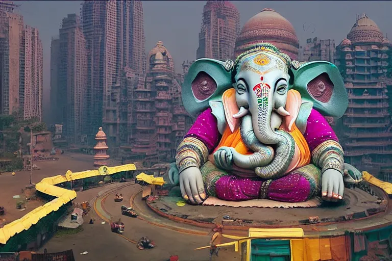 Image similar to beautiful futuristic new delhi, sci - fi ganesha!! building, kalighat flowers, octane highly detailed cinematic, stephen shore & john j. park, soft morning light, wide shot, aerial shot, uhd 8 k, shallow depth of field