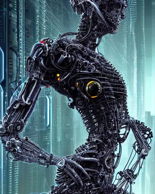 Prompt: portrait photo of a biomechanical torso of a cyborg plugged into a quantum computer with cables and wires and optic fibers. cyberpunk horror style. art by luis royo. highly detailed 8 k. intricate. nikon d 8 5 0 5 5 mm. award winning photography