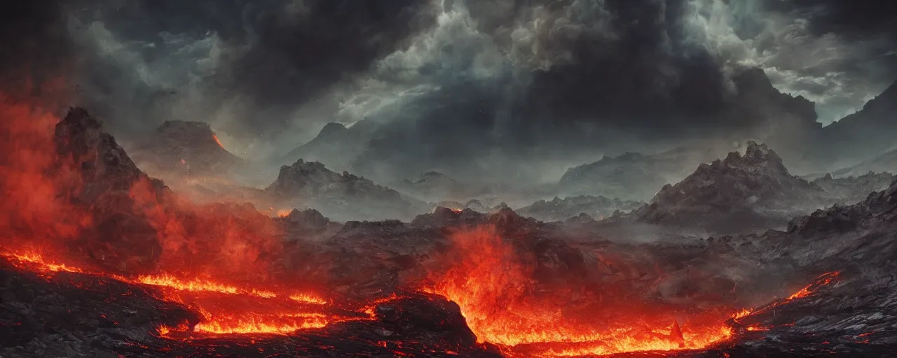 Prompt: Dead landscape, fire and lava, black volcano, rugged black clouds, ash in the sky, army of orcs gathering below, fantasy book illustration 8k movie poster, cinematic composition
