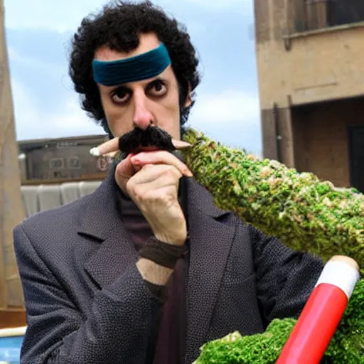 Prompt: Sacha Baron Cohen as borat smoking a giant rolled cannabis cigarette, smoke, 8k, hyper-detailed, cinematic