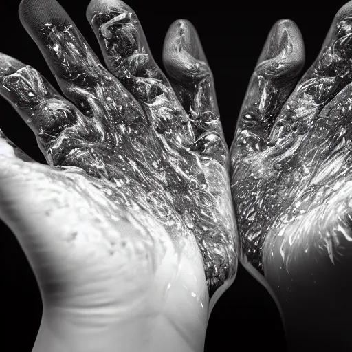 Image similar to hands making contact in the metaverse, organic liquid textures, organic growth, particles, flowing, abundent in details, transparent, surreal dramatic lighting