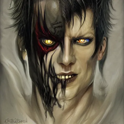 Prompt: concept drawing, demon possessed character, male. hair cut in half, left black, right white. demon noticeable by extra eyes, dark aura, cold look. made by karol bak