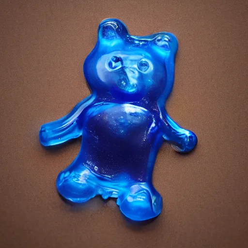 Prompt: a blue gummy bear is half melted