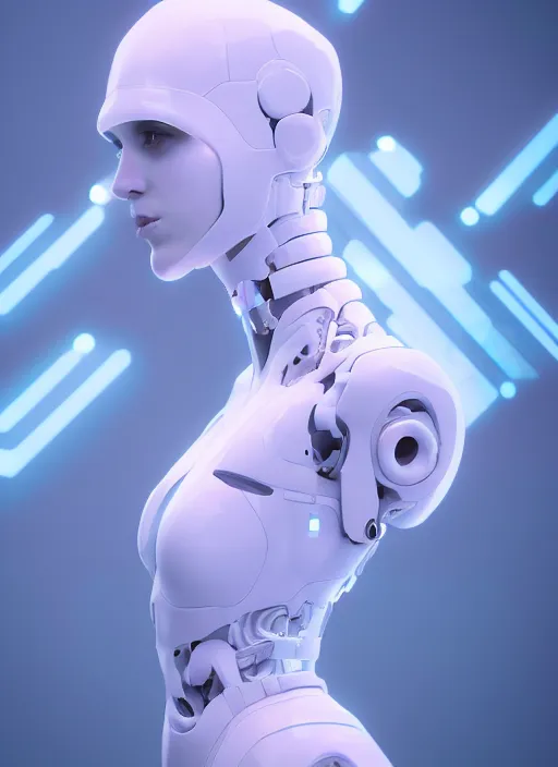 Prompt: white one cast futuristic biomechanics futuristic humanoid, pretty face, beautiful female, futuristic, neon lights, cyberpunk, 8 k, digital painting, by beeple and makoto shinkai, trending on cg society, glamour pose, high fashion, photorealistic, hyper realistic, environmental portrait, ambient occlusion render