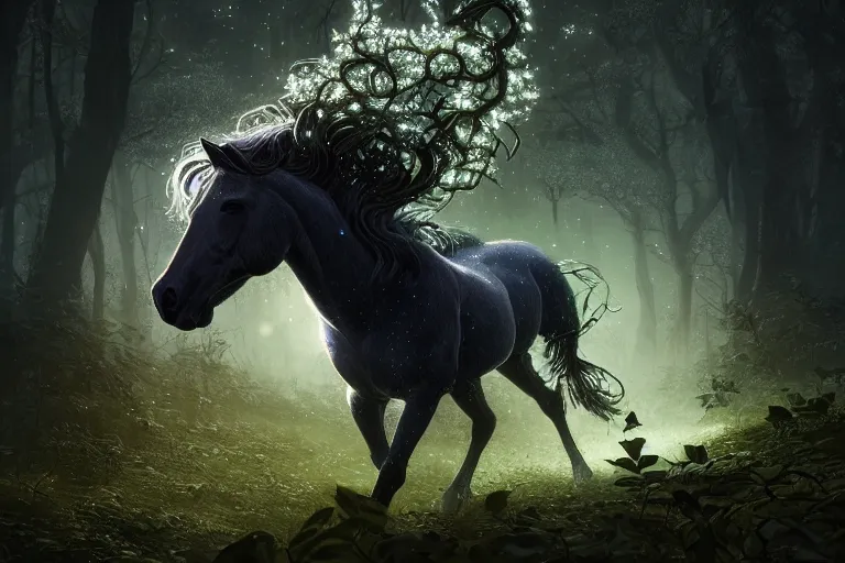 Image similar to a stunning horse made of stardust with a thick mane of bioluminescent vines and flowers running through the woods by greg rutkowski, high key lighting, volumetric light, digital art, highly detailed, fine detail, intricate, ornate, complex, octane render, unreal engine, photorealistic