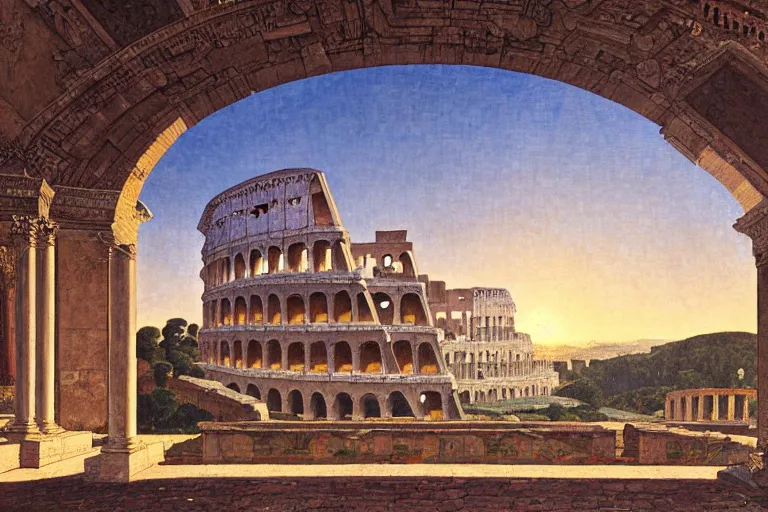 Image similar to painting of a the ancient rome, coliseum, sunset, chill, romantic, by ludwig deutsch and maxfield parrish, patterned tilework, extremely detailed, cinematic lighting, smooth sharp focus