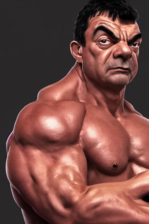 Image similar to upper body portrait of a hulking bulky swole steroids musclebound huge bodybuilder muscular herculean chiseled mr bean rowan atkinson, cinematic lighting, photorealistic, octane render, 8 k, depth of field, 3 d, art by artgerm and greg rutkowski and alphonse mucha and uang guangjian and gil elvgren and sachin ten