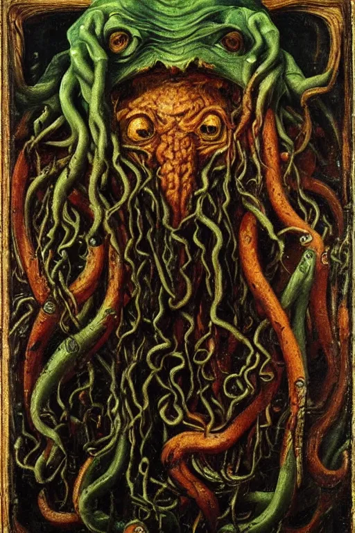 Image similar to portrait of cthulhu, oil painting by jan van eyck, northern renaissance art, oil on canvas, wet - on - wet technique, realistic, expressive emotions, intricate textures, illusionistic detail