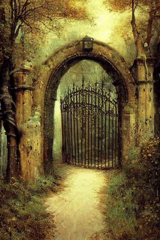 Prompt: beautiful digital painting high quality heavy iron gothic gate in the woods cobblestone ground by ARnold Böcklin, artstation behance