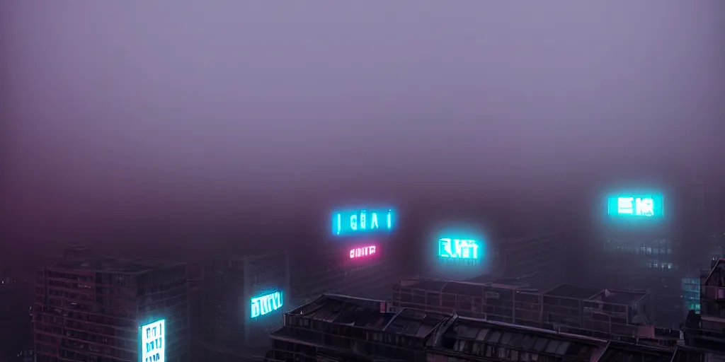 Image similar to giant illuminated advert screens, eerie fog, megacity streets seen from above, neon signs, blade runner, ex machina