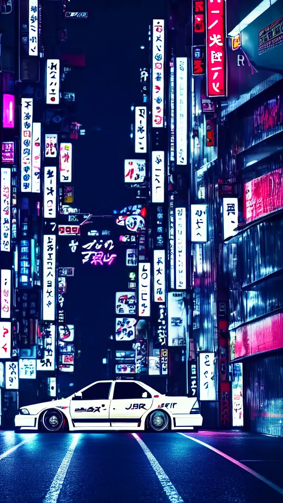 Image similar to a car drift spec JZX100 in middle of road, shibuya prefecture, city midnight neon lights, cinematic color, photorealistic, highly detailed