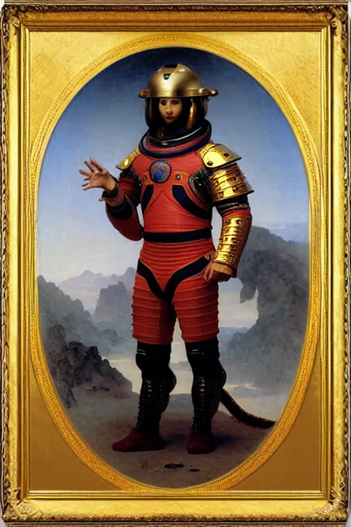 Image similar to portrait of a loong astronaut with chinese dragon armor and helmet, majestic, solemn, by bouguereau