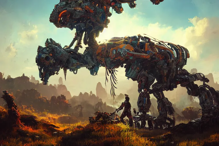 Image similar to thunderjaw machine mecanical creature robot of horizon forbidden west horizon zero dawn bioluminiscence global illumination ray tracing hdr fanart arstation by ian pesty and alena aenami artworks in 4 k