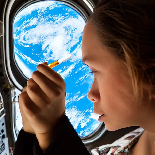 Prompt: a woman smoking a cigarette in a space station with a view of earth through a window