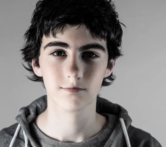 Prompt: an 8 5 mm professional portrait of nico di angelo, a 1 5 - year - old thin italian boy with pale olive skin, black sullen eyes, emo, sleep deprived, son of hades, shaggy black hair, a reluctant smile, detailed professional photography, night lighting, defiant, ghosts theme, volumetric lighting