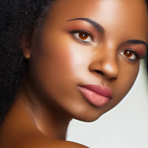 Image similar to a closeup portrait of a black woman with brown hair and brown eyes. Extremely clear and high quality eyes with reflection, realistic face and details, clear lips and high quality