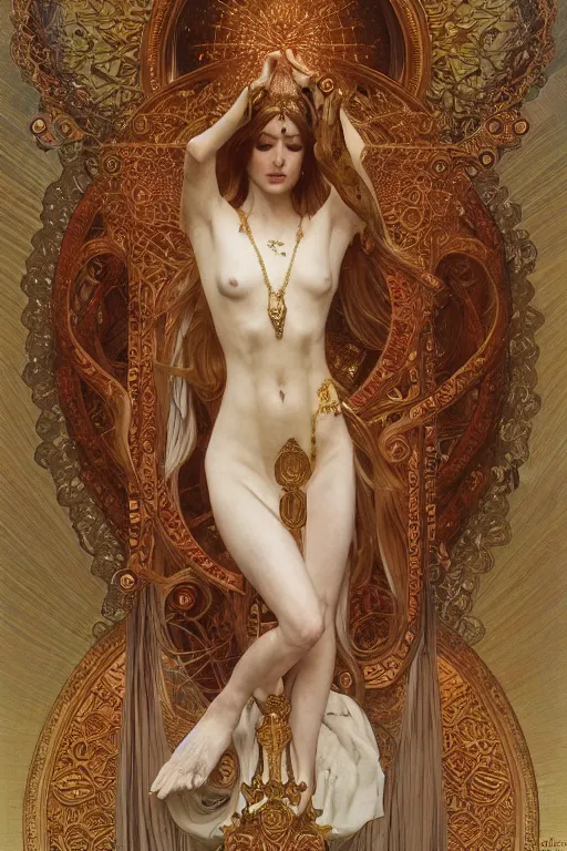 Image similar to a full body portrait of a beautiful ethereal delicate sumerian mage queen meditative sacral pose catholic stages of the cross, intricate, elegant, highly detailed, digital painting, artstation, concept art, smooth, sharp focus, illustration, art by krenz cushart and artem demura and alphonse mucha