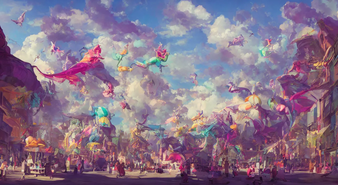 Image similar to bazaar zouk oriantal multicolorful sky shine place mosquet painting, sunny day, matte painting, bold shapes, hard edges, street art, trending on artstation, by huang guangjian and gil elvgren and sachin teng