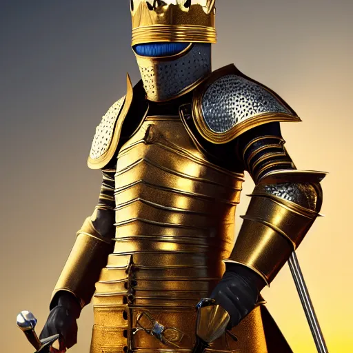 Image similar to a highly detailed knight in a T golden helmet and a golden crown with a blue diamond in the center, golden armor, leather clothes under the armor, leather gloves, holds a black sword, artstation, DeviantArt, professional, octane render, sunset lighting