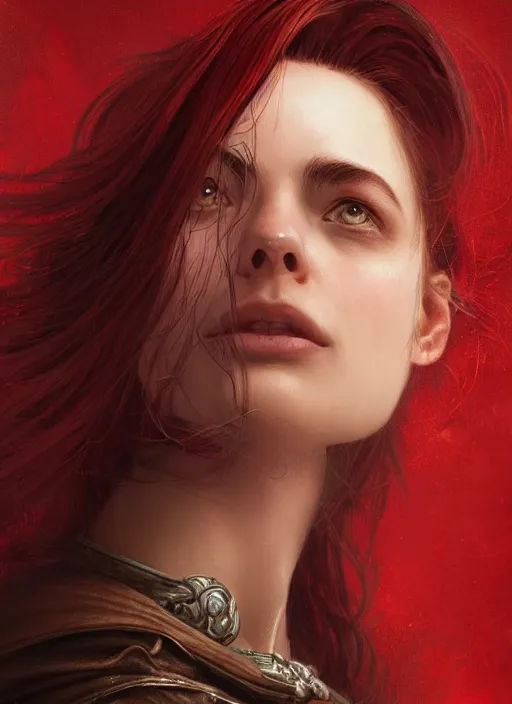 Image similar to vertical portrait of a ruggedly handsome female cleric, soft hair, close - up face, leather, witchy, d & d, fantasy, intricate, elegant, highly detailed, digital painting, artstation, concept art, smooth, sharp focus, illustration, art by artgerm and greg rutkowski and alphonse mucha, plain red background