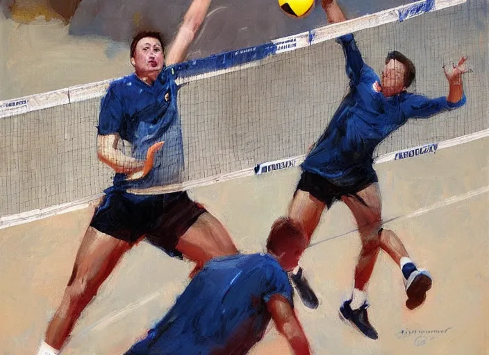 Prompt: a highly detailed beautiful portrait of elon musk playing voleyball, by gregory manchess, james gurney, james jean