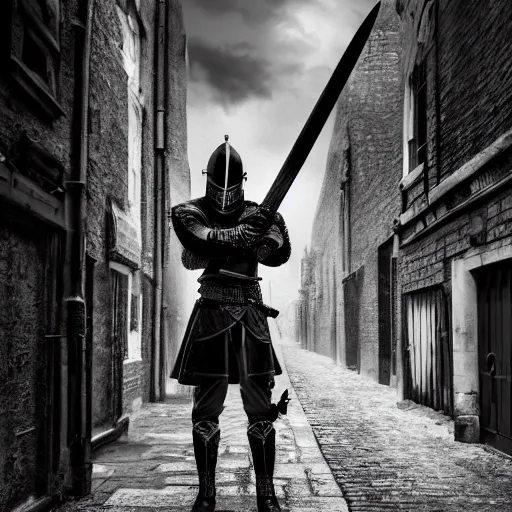 Image similar to knight holding a sword standing in an old london alley, ominous, chilly dark mood, very sharp image, hyper realistic, symmetrical, 4 k, highly ornate intricate details,