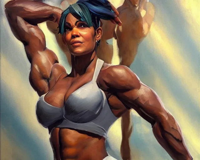 Image similar to greg manchess portrait painting of smug halle berry as beautiful thick female bodybuilder zarya from overwatch, medium shot, asymmetrical, profile picture, organic painting, sunny day, matte painting, bold shapes, hard edges, street art, trending on artstation, by huang guangjian and gil elvgren and sachin teng