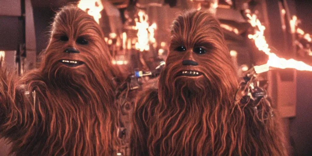 Image similar to chewbacca original trilogy photo real 1 9 7 7, 1 9 8 0, 1 9 8 3 portrait, motion blur, robotic arm, mcu style, explosions, fire, real life, spotted, ultra realistic face, accurate hands, 4 k, movie still, uhd, sharp, detailed, cinematic, render, modern