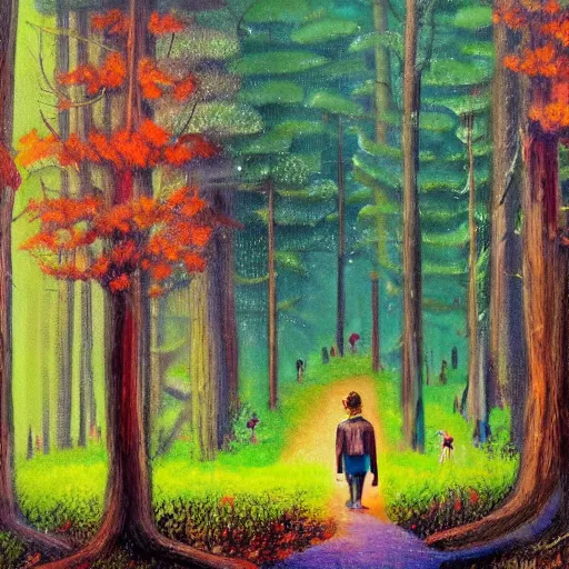 Image similar to a painting of a person walking through a forest, a storybook illustration by jon coffelt, pixiv contest winner, metaphysical painting, storybook illustration, acrylic art, oil on canvas