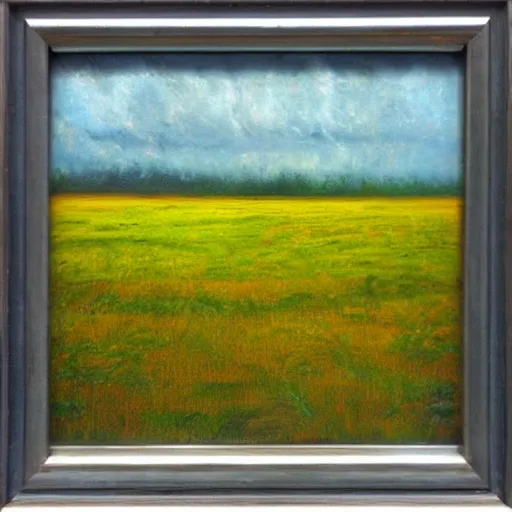 Prompt: “field with rain and lightning oil panting”