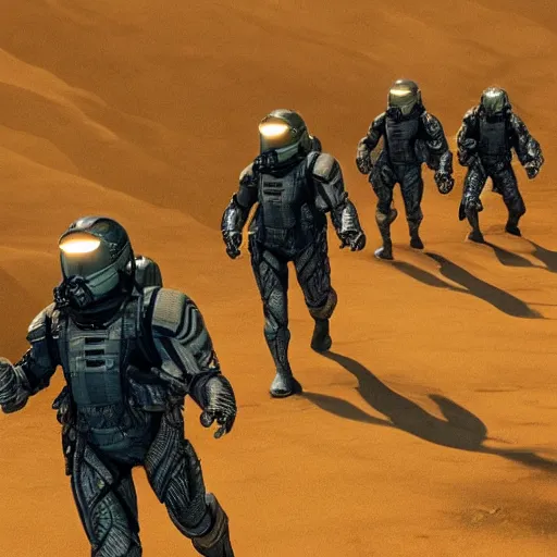 Image similar to wide angle action shot of enhanced super soldiers with jet packs flying over craters and trenches, highly detailed, highly textured, atmospheric, night, explosions futuristic, from the movie Dune (2021)