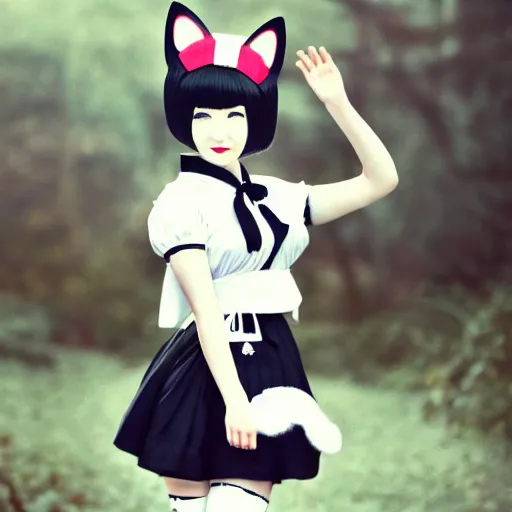 Prompt: hitler wearing an japanese maid costume and cat ears, 4 k, hyper realistic, dslr, high resolution, landscape, beautiful