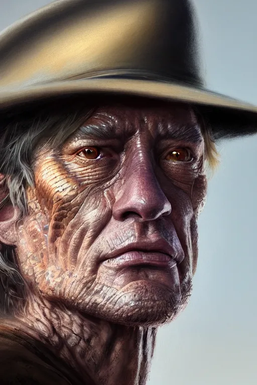 Image similar to ultra detailed close up facial portrait of crocodile dundee, extremely detailed digital painting, in the style of fenghua zhong and ruan jia and jeremy lipking and peter mohrbacher, mystical colors, rim light, beautiful lighting, 8 k, stunning scene, raytracing, octane, trending on artstation