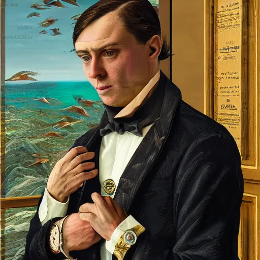 Image similar to gentleman frogman wearing a cravat and hand watches portrait in the museum, highly detailed, sharp focus, digital painting, artwork by Victor Adame Minguez + Yuumei + Tom Lovell + Sandro Botticelli