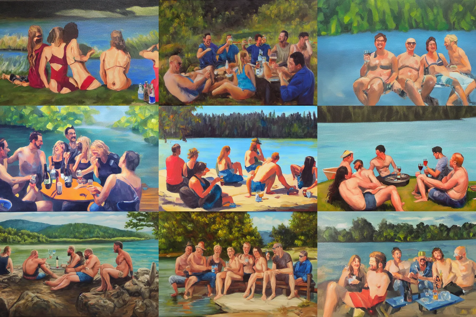 Prompt: 7 mid - thirties good friends binge drinking at a lake, oil painting